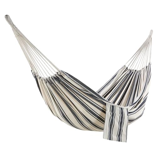 Image of VonHaus Garden Hammock - 2 Person Striped Hammock with Rope Attachments & Storage Bag - Polycotton Portable Double with Travel Bag for Beach, Camping & Outdoors - Blue & White Stripe
