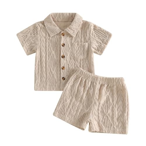 Image of XIXIMAON Kids Toddler Boy Summer Knit Outfits Solid Color Hollow Out Short Sleeve Button Shirts Elastic Shorts Set 2pcs Infant Baby Boy Clothes (Beige, 12-18 Months)