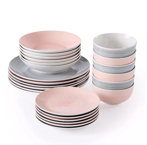 Image of Waterside Fine China 24 Piece Pink & Grey Spin Wash Dinner Set