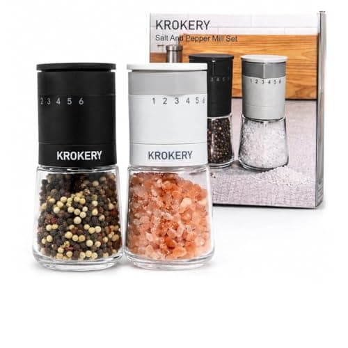 Image of KROKERY Salt and Pepper Grinder Set, Manual Mill with Adjustable Ceramic Coarseness, Clear Glass, 2 Pack Spice Grinder