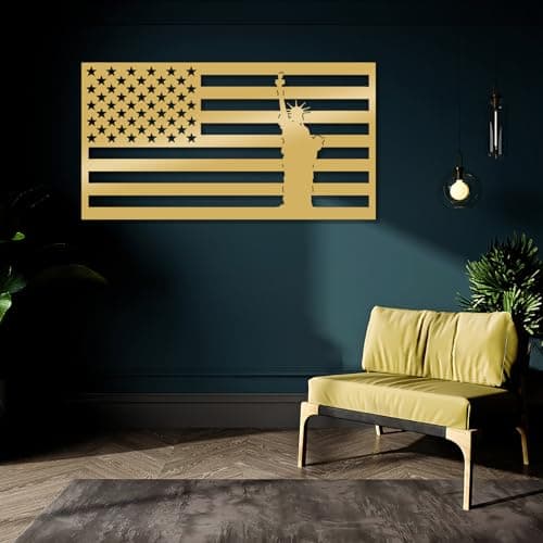 Image of OSTCAL American Flag Metal Wall Art, Statue of Liberty Metal Wall Art, Statue of Liberty Metal Wall Decor, Metal Wall Art, Patriot Gift, Wall Decor for Living Room, Bedroom (Gold, 30"x16" | 76x41cm)
