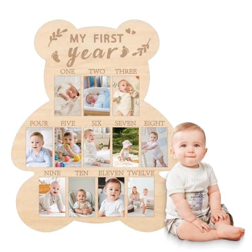 Image of SKIKHN My First Year Picture Frame, 40.6 * 32.7 CM My First Year Baby Photo Frame, Wood 12 Months Milestone Board, Cute Baby Photo Display, 1st Birthday Memories Gift for Boy Girl Nursery Decoration