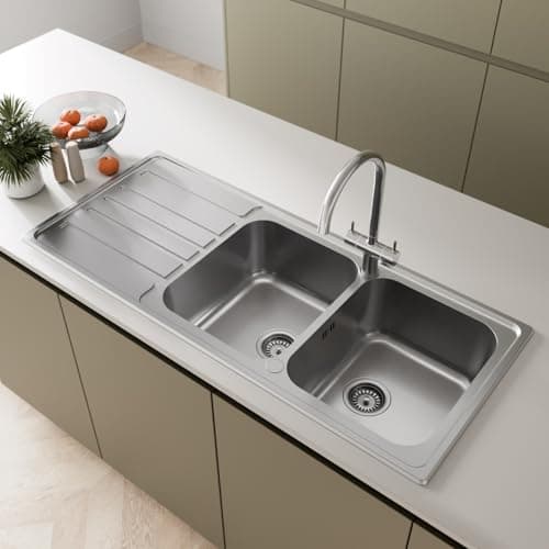 Image of SÄUBER® 1160 x 500mm Stainless Steel Kitchen Sink Double 2 Bowl Inset Drop in Installation, Left Hand Drainer, 18/8 Grade Steel Sinks, Free Basket Strainer Waste
