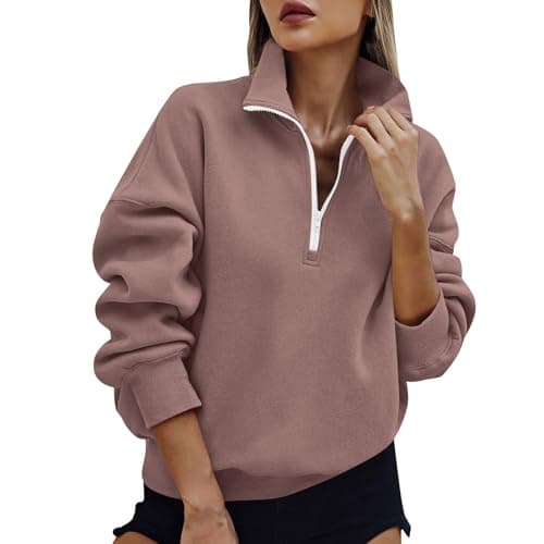 Image of Womens Half Zip Sweatshirt Solid Casual 1/4 Zip Pullover Tops Autumn Winter Cosy Jumpers Ladies Sweaters Quarter-Zip Fleece Sweatshirt with Pockets Knitwear Fashion Casual Long Sleeve Top Coffee