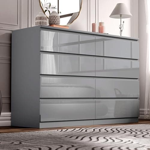 Image of Blisswood High Gloss Chest of Drawer, 8 Drawer Bedroom Chest of Drawer Bedside Table Cabinet for Bedroom Living room Furniture, Grey, 120W x 40D x 97H cm