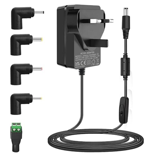 Image of ​12V 2A Power Supply Adapter, AC 100-240V to DC 12Volt 24W Converter, for 12 Volt 100mA-2000mA LED Strip, CCTV Camera, Router, Speaker, TV Box​. with 5.5x2.5mm Tip and 5 Interchangeable Plugs.