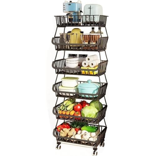 Image of BRIAN & DANY 6 Tier Vegetable Storage Rack, Stackable Fruit Vegetable Stand with Lockable Casters and 5 S-Hooks for Kitchen, Pantry, Bathroom, Garage