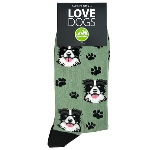 Image of Animal Crackers 'Love Dogs' BORDER COLLIE design Dog Breed Socks, plush 80% cotton fabric, Men's or Women's sizes (UK, Alpha, One Size, Regular, Regular, Men's, Olive Green)