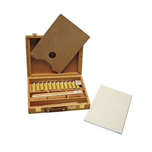 Image of Artme Premium Wooden Easel Box Paint Set 23 pcs- Table Easel 32 x 24cm/ 3 Canvas Panels/ 12 x 12ml Acrylic/ 4 x Artist Brushes/HD Pencil/Plastic Palette Knife/Wooden Palette 20 x 30 cm