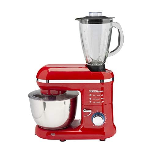 Image of Sensio Home 2-in-1 Food Processor Blender & Stand Mixer Machine - 1300W Electric Motor - Dough Hook, Whisk, Beater, Splash Guard, 6-Speed - 4.5 Litre Stainless Steel Mixing Bowl - 1.5L Glass Jug - Red