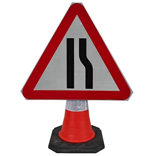 Image of Road Narrows Right 750mm Triangle Hangman Sign (Single Cone) 517