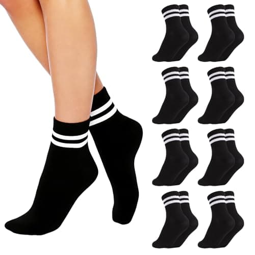 Image of LXEASYGO 8 Pairs Ladies Sports Socks Breathable Leisure Striped Mid-Calf Women Cotton Crew Ankle Sock for Women Girls Size 4-7 Multipack (UK, Numeric, 4, 7, Regular, Regular, 8-Black)