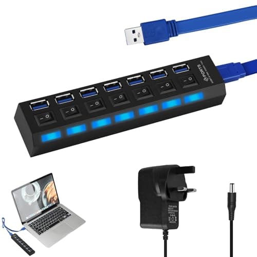 Image of 7 Port USB Hub Powered 3.0 2.0 Fast USB Data Hub Splitter with Individual LED Power Switches for Laptop Desktop PCS Macbooks, USB Extension Splitter Including 5V 2A Power Adapter Multiple Devices