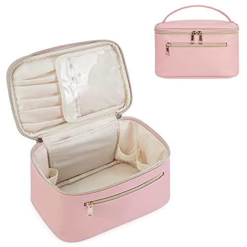 Image of Travel Makeup Bag with Brush Compartment, Large Cosmetic Bags, PU Leather Makeup Case with Handle, Water-Resistant for Women, Pink (Patent Pending)