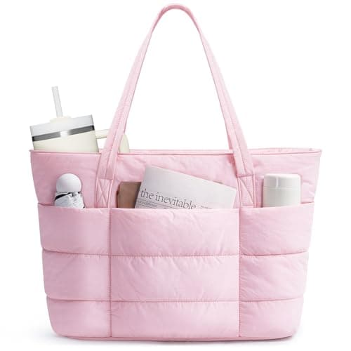 Image of Narwey Tote Bags for Women, Ladies Handbags & Shoulder Bags, School Work Laptop Bags with Zip for Women, Puffer Teacher Hand Bag for College Shopping Travel Gym Beach (Pink)