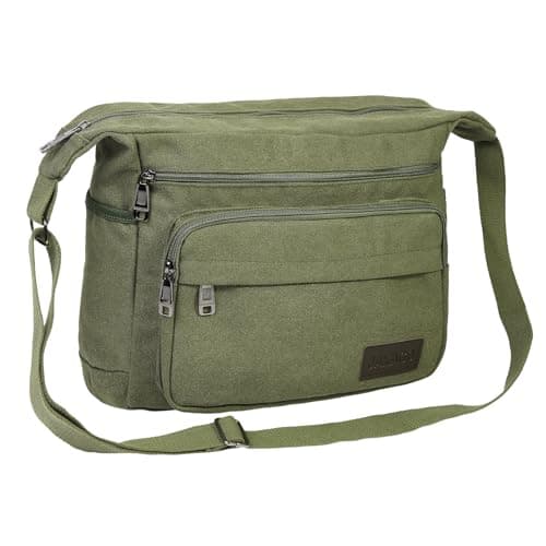 Image of JAKAGO Canvas Messenger Bag Mens/Women Shoulder Bag with Multiple Pockets for School Travel Outdoor Fishing Camping Work Daily Use (15 inch,Green)