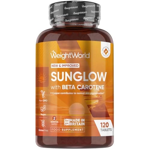 Image of Tanning Tablets - 120 Sunglow Tablets - Beta Carotene Tanning Accelerator with Vitamins B2 & B3, Zinc, Copper & Iodine - Vegan-Friendly & Non-GMO - Made in the UK