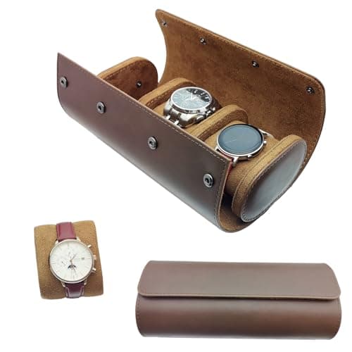 Image of TourKing 3 Slots Watch Box for Men,Watch Roll Case,Retro PU Leather Watch Roll Box for Men,Watch Display Case with Detachable Pillow Watch Holder Organizer for Watch Jewelry Brown