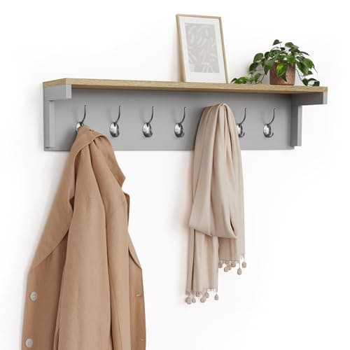 Image of VonHaus Coat Hooks Wall Mounted - Grey Coat Rack with Shelf & 7 Strong Double Hooks – Wall Mounted Jacket Hanger Hallway Organiser with Melamine Wood Effect for Hall & Entryway - Ash Hall