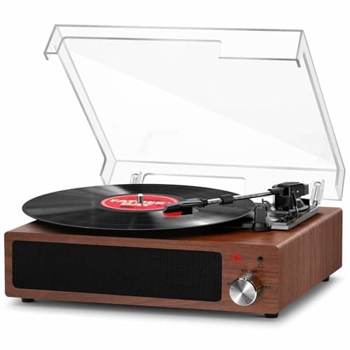 Image of Record Player, FYDEE Vinyl Record Player with Speakers Vintage Turntable for Vinyl Records, Belt-Drive 3-Speed 33/45/78 RPM LP Vinyl Player, Supports Headphone Jack, AUX IN, RCA Output - Walnut