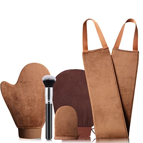 Image of GAIYAH 5 in 1 Smooth Velvet Self Tanning Mitt Kit - Reusable Double-Sided Fake Tan Mitt, Mini Self Tan Mit for Face, Tanning Brush, Exfoliating Gloves, Lotion Applicator for Back Tanner Applicator