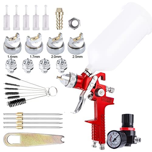 Image of Pindex 1000CC PVC Cup with HVLP Spray Gun Kit,4 Replaceable Brass Nozzles and Needles 1.4mm 1.7mm 2.0mm 2.5mm Fluid Tips,Gravity Feed Spray Paint Gun Kit
