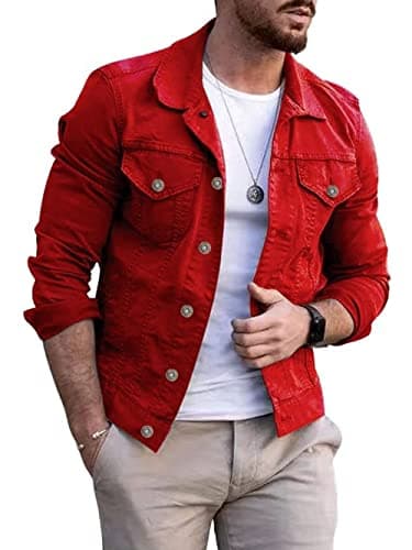 Image of CHARTOU Men's Denim Jacket Casual Regular Fit Button Down Long Sleeve Jean Trucker Jacket, Red, XL