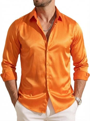 Image of Barry.Wang Men's Button Up Shirt Long Sleeve Silk Regular Fit Stretch Solid Formal Casual Work Wedding Orange Shirts
