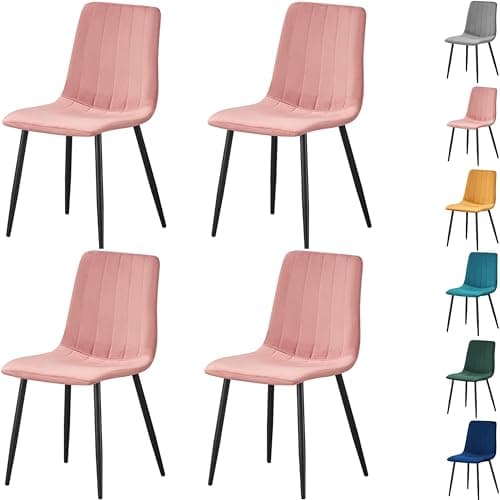 Image of MOF Home Modern Velvet Dining Chairs, Set of 4, Velvet Tufted Upholstered Kitchen Chairs with Metal Legs, Multi-Color (STRIPE PATTERN, PINK)
