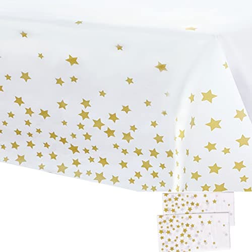 Image of 2Pcs 137*274cm White and Gold Disposable TableCloths Party Paper Plastic TableCloth,Gold Star Rectangular Waterproof Table Cover for Picnic,Baby Shower,Wedding,Christmas,Birthday Party Decorations