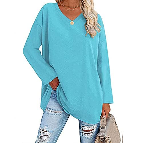 Image of Famulily Long Sleeve Tunic Tops for Women UK Soft Cotton Casual V Neck Oversized Baggy Tshirts Sky Blue XL