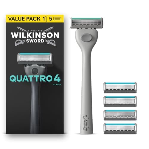 Image of Wilkinson Sword Quattro Razors for Men, Value Pack, Diamond Coated 4 Blades, Men's Shaver Razor Handle plus 5 Blade Refills