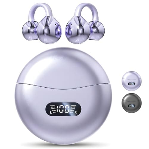 Image of Clip On Earbuds Wireless Bluetooth Headphones with Charging Case & LED Display – Open Ear Clip Earbuds, Waterproof Sports Earphones, Ear Cuff Style Fitness Headphones for Running (Purple)