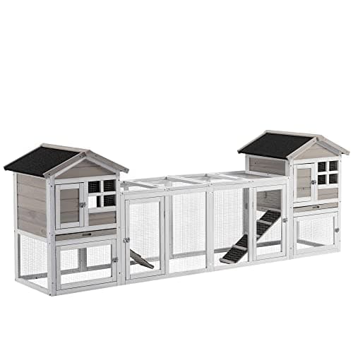 Image of PawHut 2 in 1 Rabbit Hutch Outdoor Guinea Pig Hutch Bunny Run Double Main House with Run, No-Leak Tray 259 x 64 x 92cm, Grey