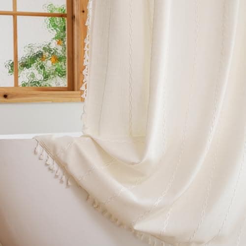 Image of Plenmor Heavy Weight Fabric Cotton Shower Curtain with Hooks Waterproof Stripe Boho Curtain for Bathroom White W 70.9" x L 70.9" (1 Panel)