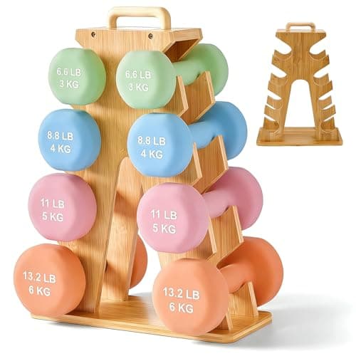 Image of Wooden Dumbbell Rack, 4 Tier A-Frame Weight Holder for 3-7kg Dumbbells, Dumbbell Rack with Handle for Home, Gym, Gift for Fitness Lovers