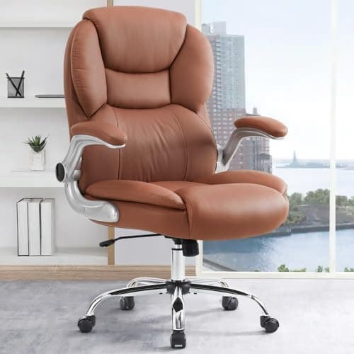 Image of IWMH Executive Office Chair, Ergonomic Big and Tall Computer Desk Chair, High Back PU Leather Chair with Padded Flip-up Armrest, Lumbar Support Swivel Rolling Chairs (Brown)
