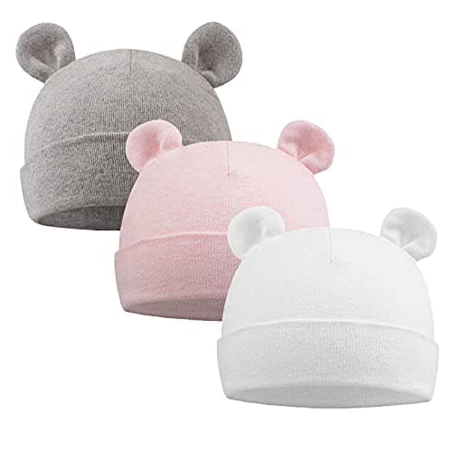 Image of XIAOHAWANG Newborn Hospital Hat Preemie Boys Girls Beanie Cotton Bear Ears Infant Baby Hats 0-6 Months (Bear(White+Pink+Gray), 6-12 Months)