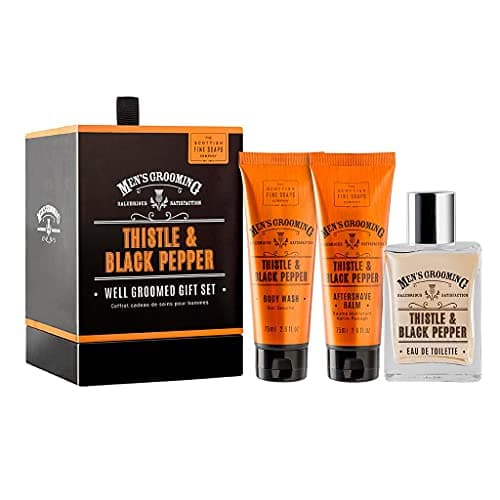 Image of Scottish Fine Soaps - Thistle & Black Pepper Well Groomed Gift Set - Purifying Milk Thistle Extract - Contains Eau de Toilette, Aftershave Balm, Body Wash - Vegan Friendly