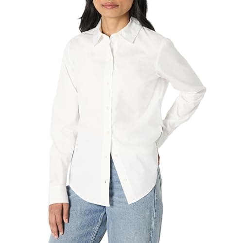 Image of Amazon Essentials Women's Regular-Fit Stretch Poplin Button-Up Dress Shirt, White, M