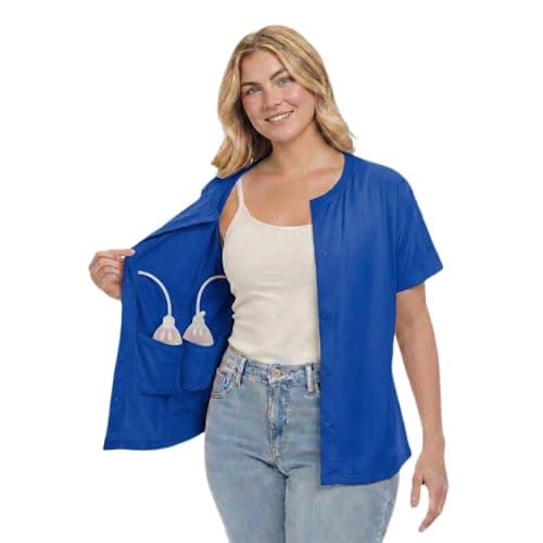 Image of USBD Post Mastectomy Shirt with Drain Pockets, Crew Neck Button Front Recovery Post op Top, Soft Cotton Blend (Medium, Royal Blue)