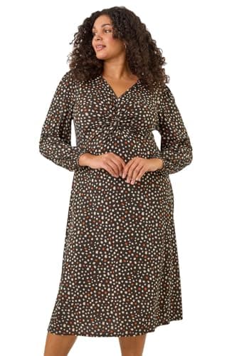 Image of Roman Fit and Flare Dress for Women Ladies Chest Twist Knot Ruched Tea Skater Empire Waist Wedding Guest Smart Casual Swing Midi 3/4 Long Sleeve Knee Length - Noir Plus - Size 3032