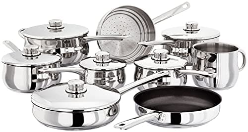Image of Stellar Classic Set of 9 Stainless Steel Pans, 6 Deep Saucepans with Lids, Steamer, Non-Stick Frying Pan, Milk Pot, Dishwasher Safe