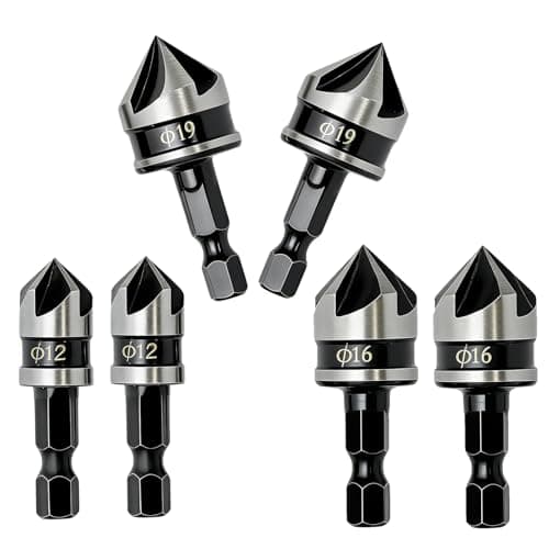 Image of 6 Pcs 12/16/19mm Chamfer Countersink Bit Set, 1/4' Hex Shank 5 Flute 90 Degree Countersink Drill Bits for Wood and Metal, Wood Countersink Drill Bits for Screw Holes, Woodworking