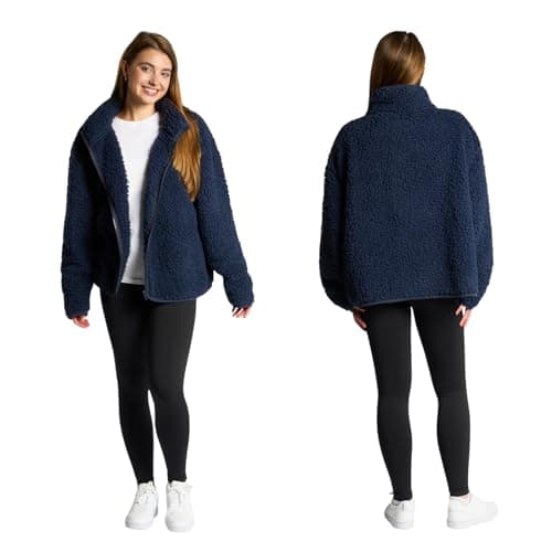 Image of OHS Full Zip Up Teddy Fleece Mens, Lightweight Warm Cosy Sweatshirt Casual Long Sleeve Winter Ultra Soft Full Zip Up Coat for Travelling Outdoor Hiking, Navy -S/M