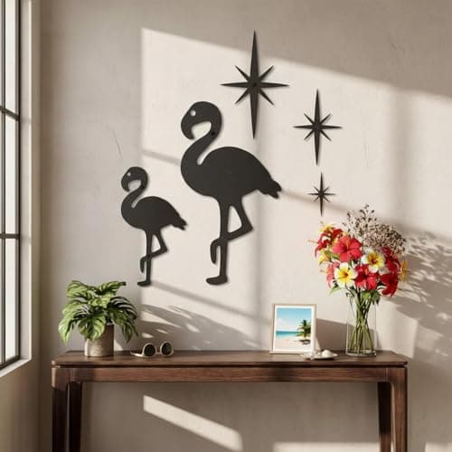 Image of Wesiti 5 Pcs Flamingo Wall Art Decor Vintage Metal Wall Decor Mid Century Modern Black Cartoon and Atomic Stars Retro Aesthetic Cute Home Decoration for Kitchen Bathroom Lovers Gifts