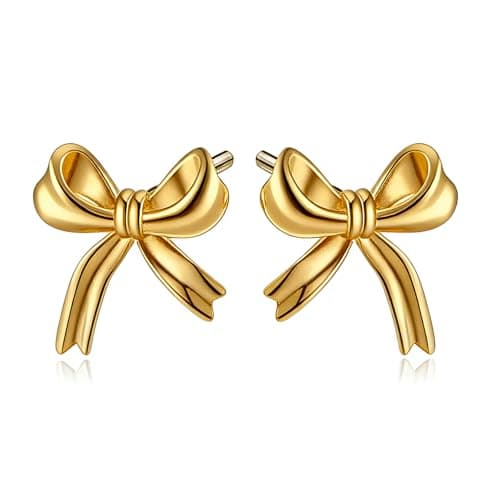 Image of Silver Earrings for Women, 925 Sterling Silver Earrings, Bow Earrings, Hypoallergenic Stud Earrings with Boxs (Gold)