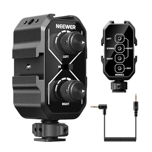 Image of Neewer MM01 Dual Channel Microphone Audio Mixer Adapter with 3.5mm TRS Cable, Stereo/Mono Switch, Cold Shoe Mounts for DSLR Camera, Smartphones, Battery Powered Microphones for Video Recording