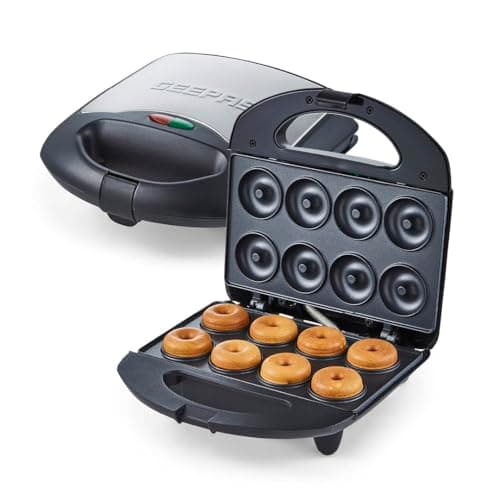 Image of Geepas 750W Doughnut Maker Machine, 8 Hole - Stainless Steel Donut Maker, Non-Stick Doughnut Snack Maker Machine - Makes Crispy Golden Fresh 8 Pcs Of Doughnuts In One Go – 2 Years Warranty