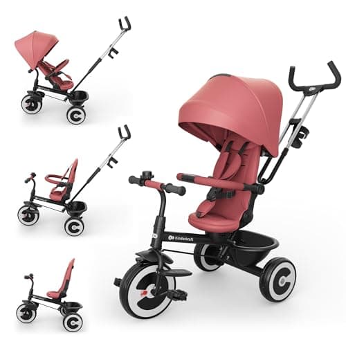 Image of Kinderkraft ASTON 2 PRO Tricycle, 360° Rotating Seat, Reclining Both Directions, Adjustable Parent Handle, Freewheel Pedals, Canopy with Window, 9 Months to 5 Years, Pink
